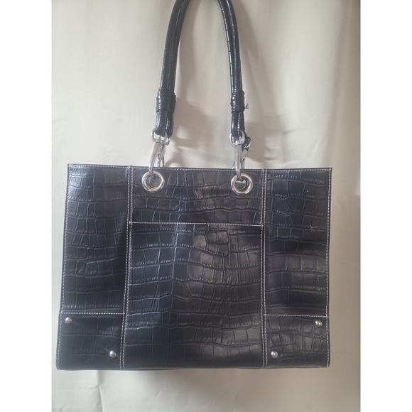 Wilsons Leather Handbags - Wilsons Leather Women Handbag Black Leather Croc Embossed Inner Pockets Tote Bag